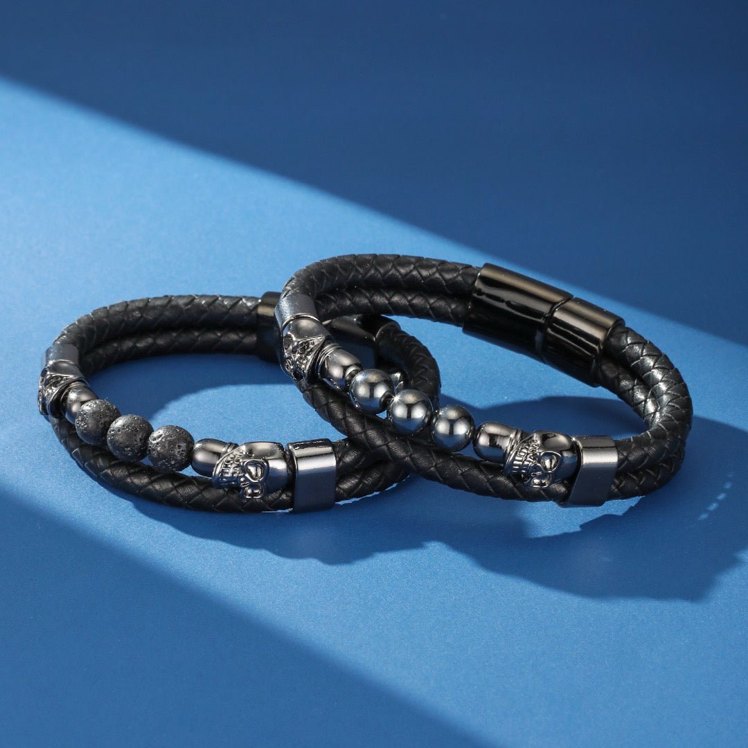 Bracelet Homme Cuir Pierre Lave Hématite Crâne Acier - Biloria