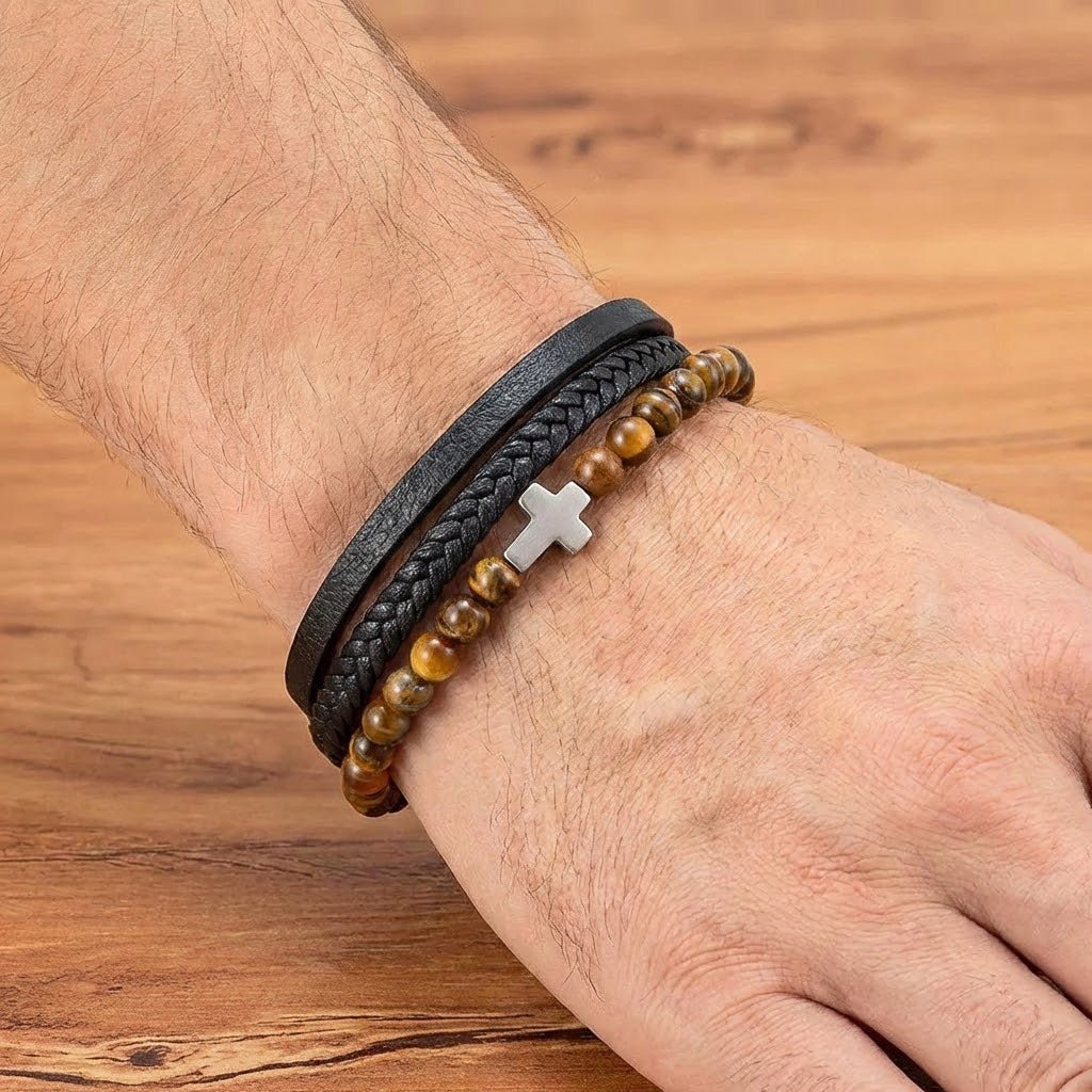 Bracelet Homme Cuir Tressé Croix Foi et Force - Biloria