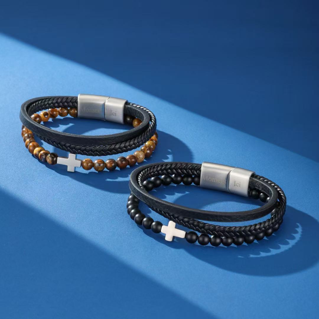 Bracelet Homme Cuir Tressé Croix Foi et Force - Biloria
