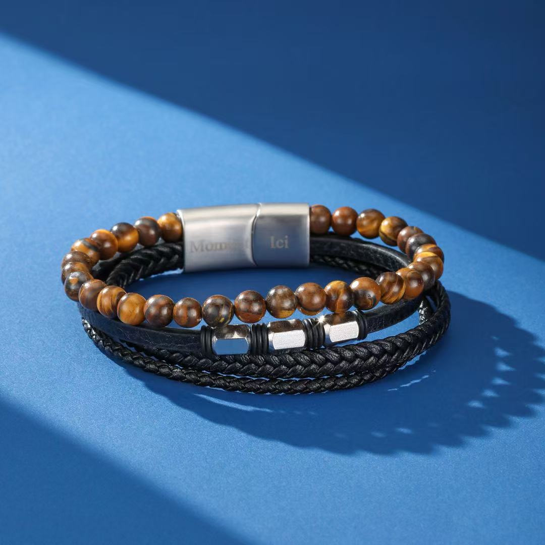 Bracelet Homme Cuir Tressé Œil de Tigre ou Onyx 6 mm - Biloria