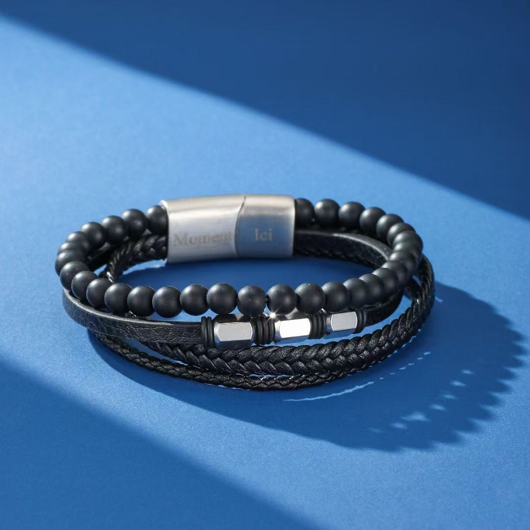 Bracelet Homme Cuir Tressé Œil de Tigre ou Onyx 6 mm - Biloria
