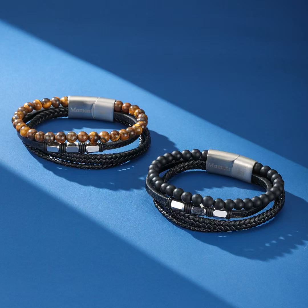 Bracelet Homme Cuir Tressé Œil de Tigre ou Onyx 6 mm - Biloria