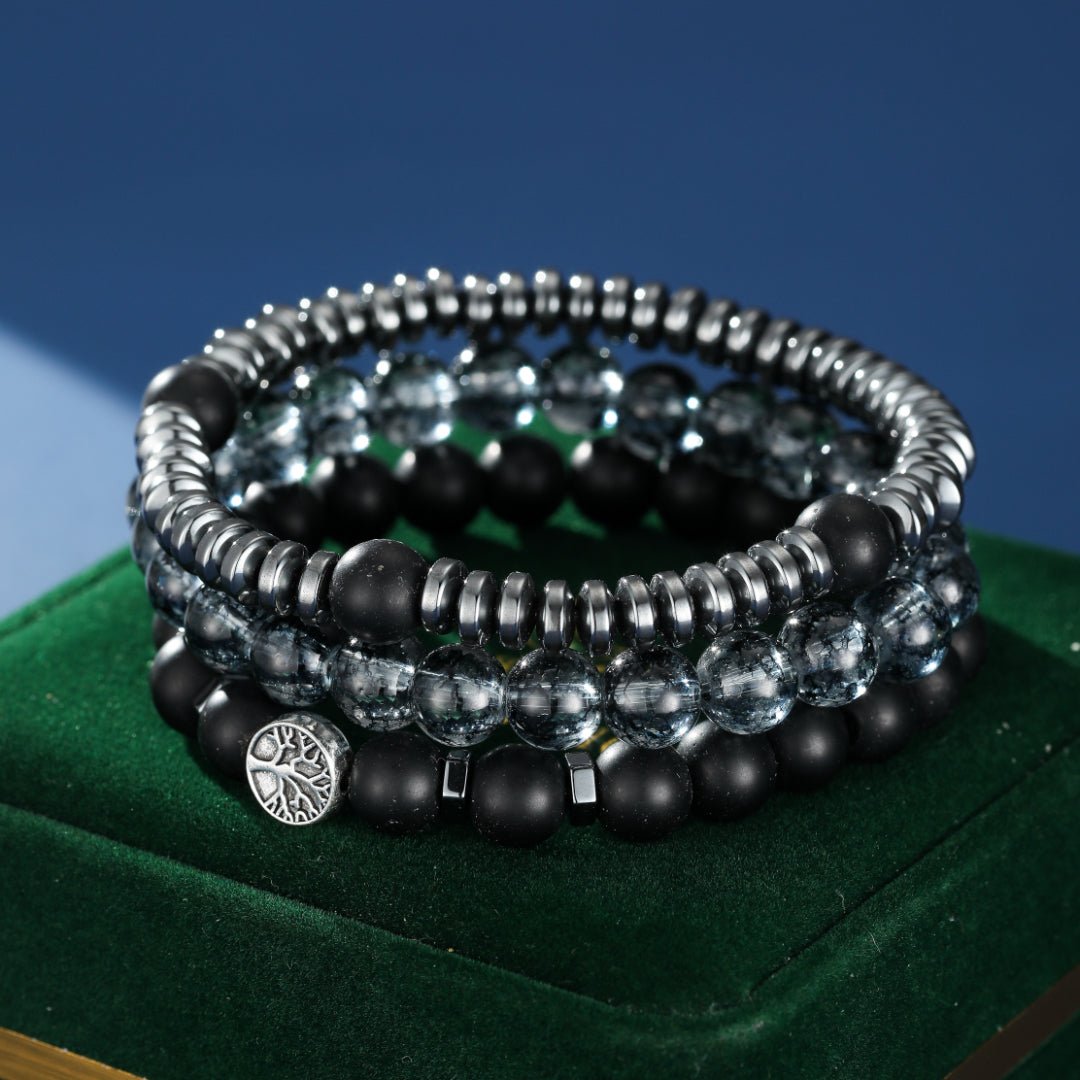 Bracelet Homme Hématite Obsidienne Flocon de Neige Protection Racine - Biloria