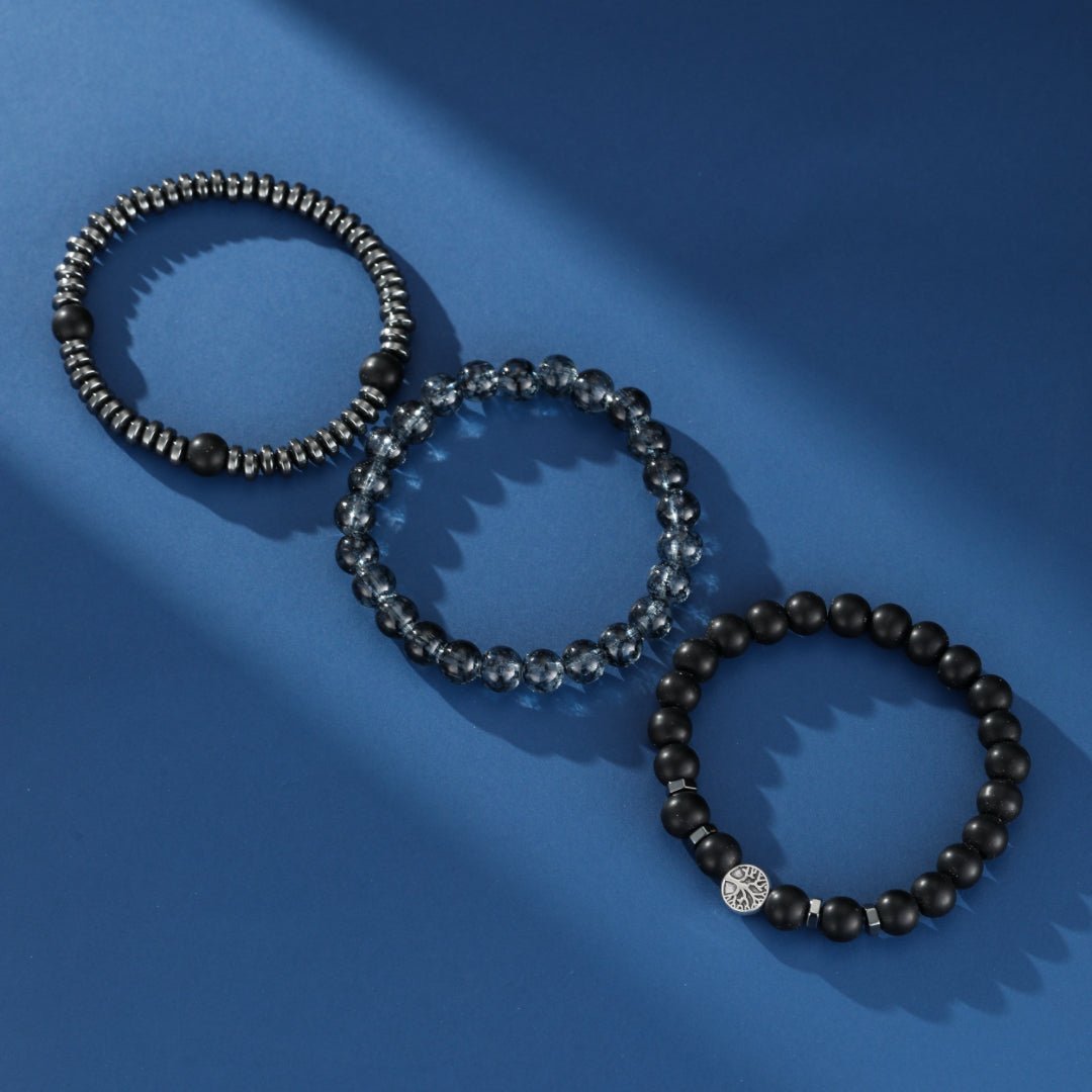 Bracelet Homme Hématite Obsidienne Flocon de Neige Protection Racine - Biloria