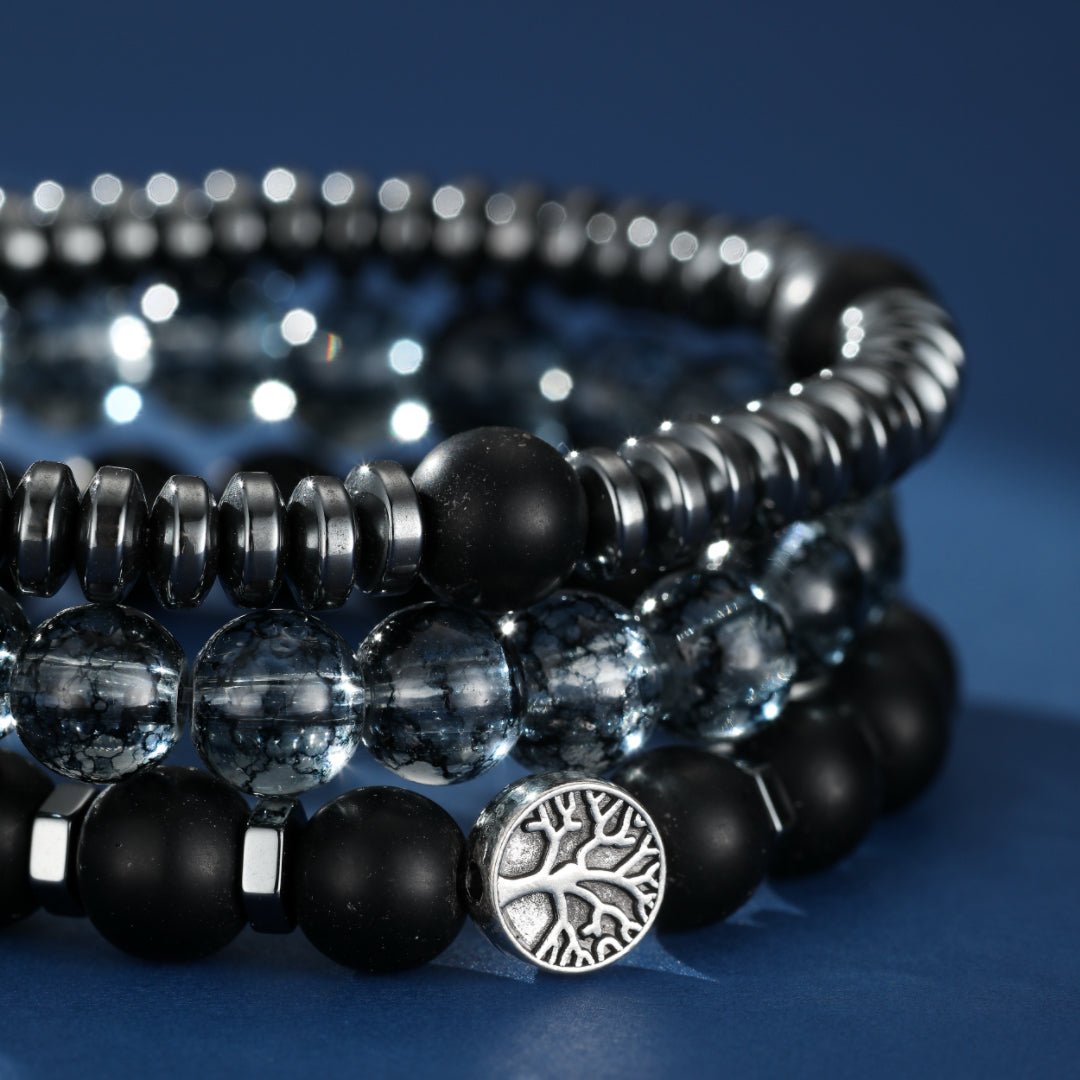 Bracelet Homme Hématite Obsidienne Flocon de Neige Protection Racine - Biloria
