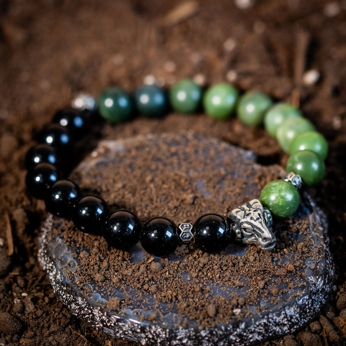 Bracelet Homme Jade Olive et Obsidienne Noire – Argent 925 - Biloria