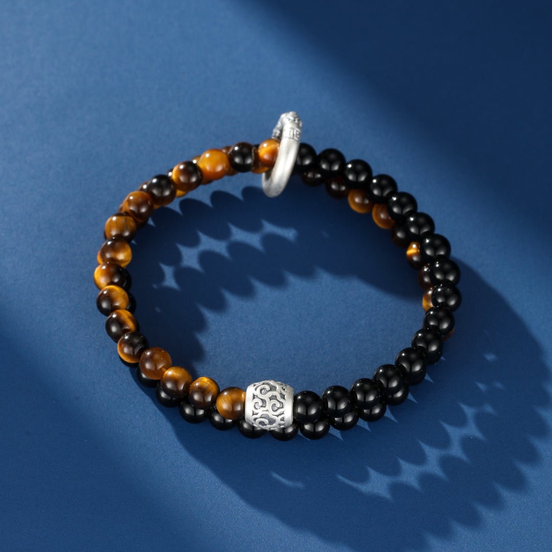 Bracelet Homme Obsidienne Œil de Tigre Argent 999 Fait Main - Biloria