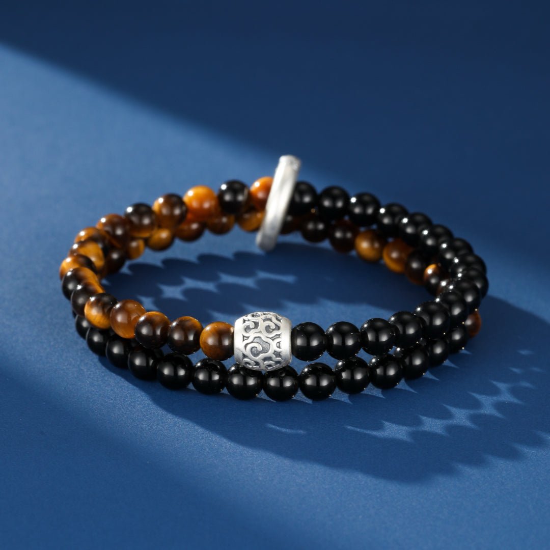 Bracelet Homme Obsidienne Œil de Tigre Argent 999 Fait Main - Biloria