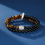 Bracelet Homme Obsidienne Œil de Tigre Argent 999 Fait Main - Biloria