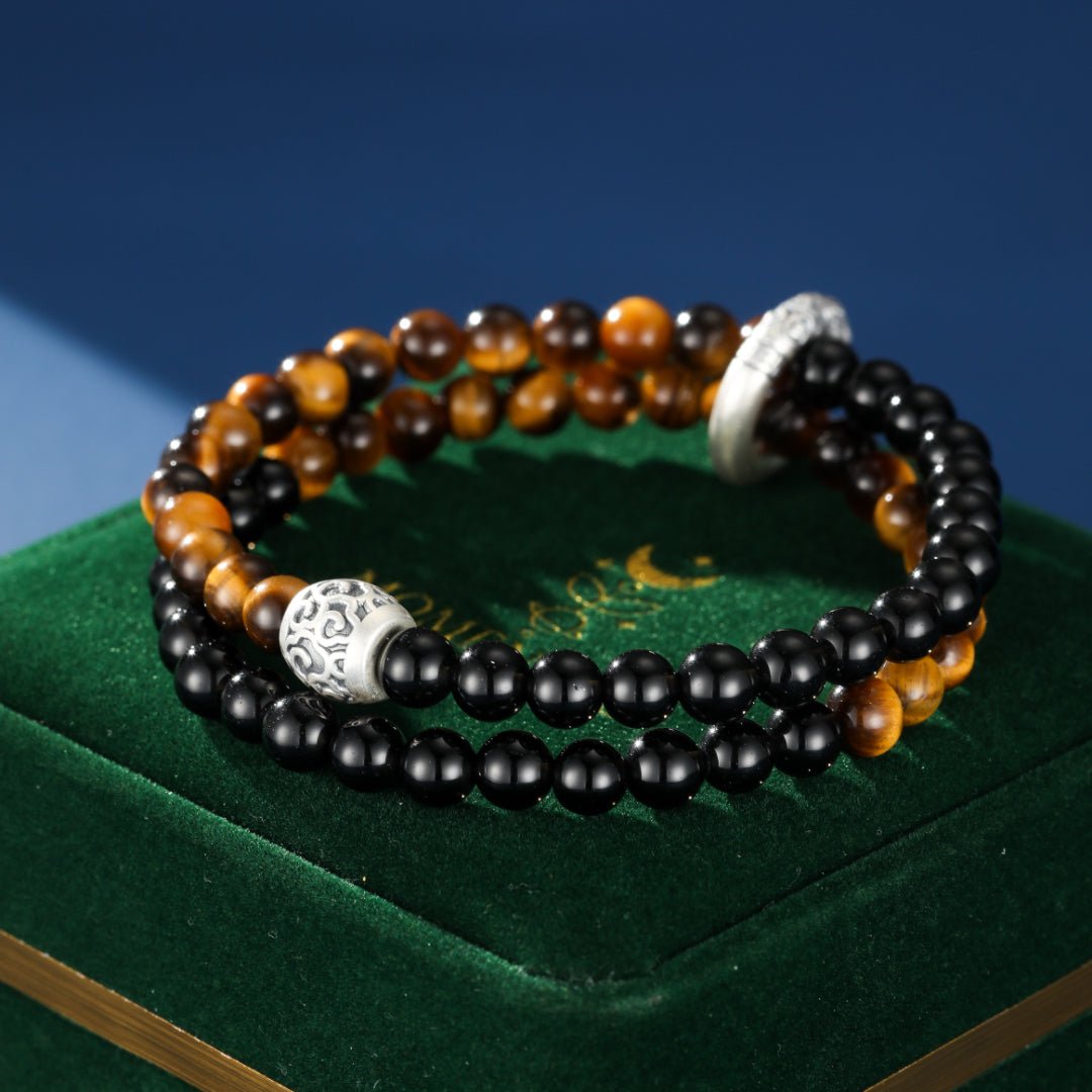 Bracelet Homme Obsidienne Œil de Tigre Argent 999 Fait Main - Biloria