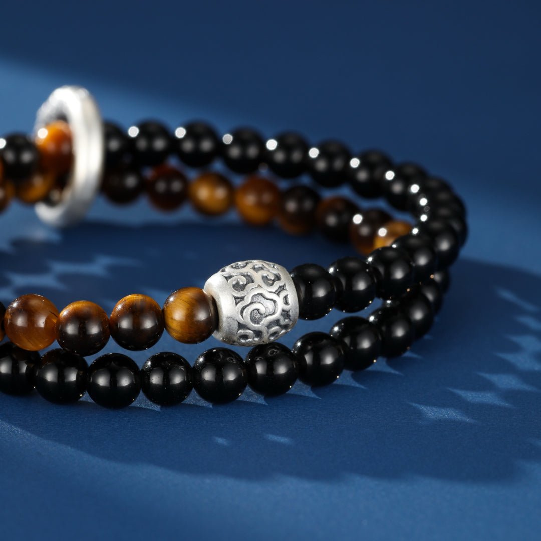 Bracelet Homme Obsidienne Œil de Tigre Argent 999 Fait Main - Biloria