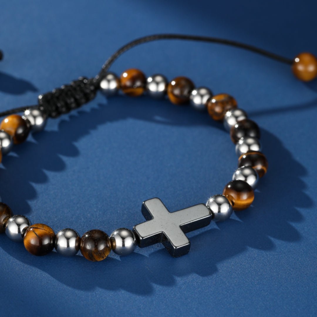 Bracelet Homme Œil de Tigre Hématite Croix Foi - Biloria