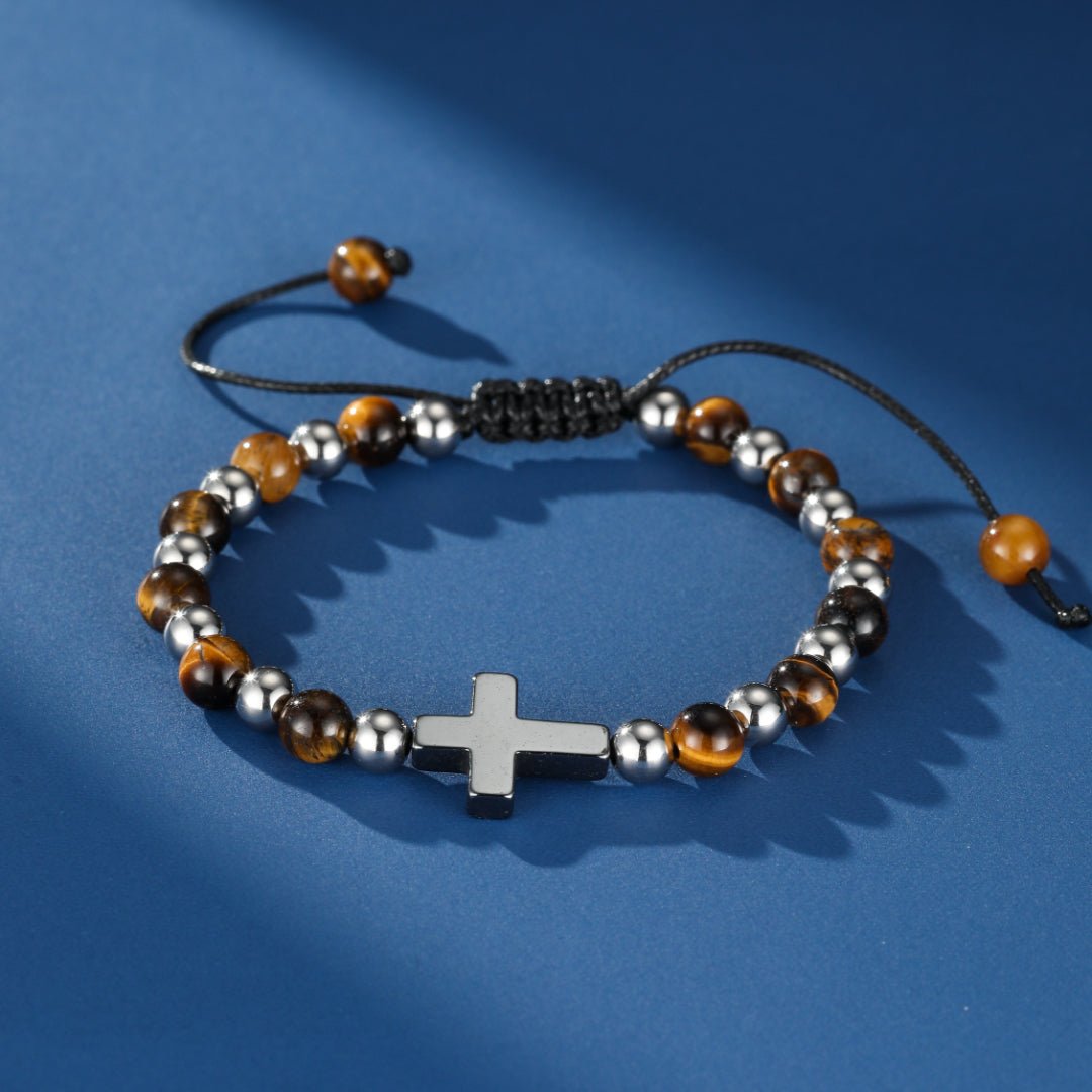 Bracelet Homme Œil de Tigre Hématite Croix Foi - Biloria