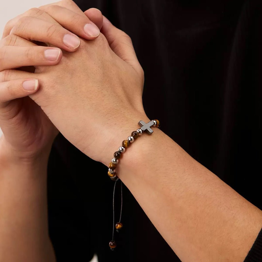 Bracelet Homme Œil de Tigre Hématite Croix Foi - Biloria