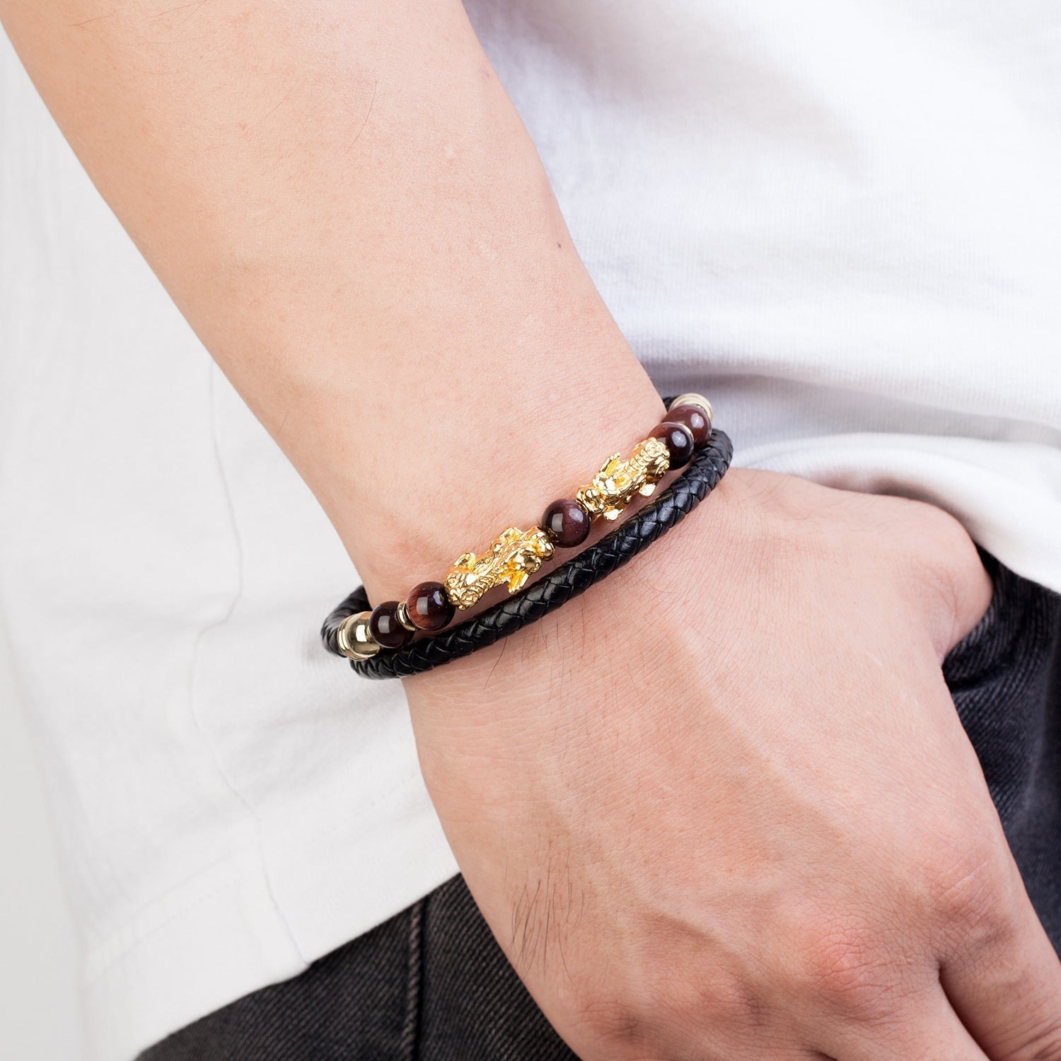 Bracelet Homme Pi Xiu Agate Cuir - Protection Financière - Biloria