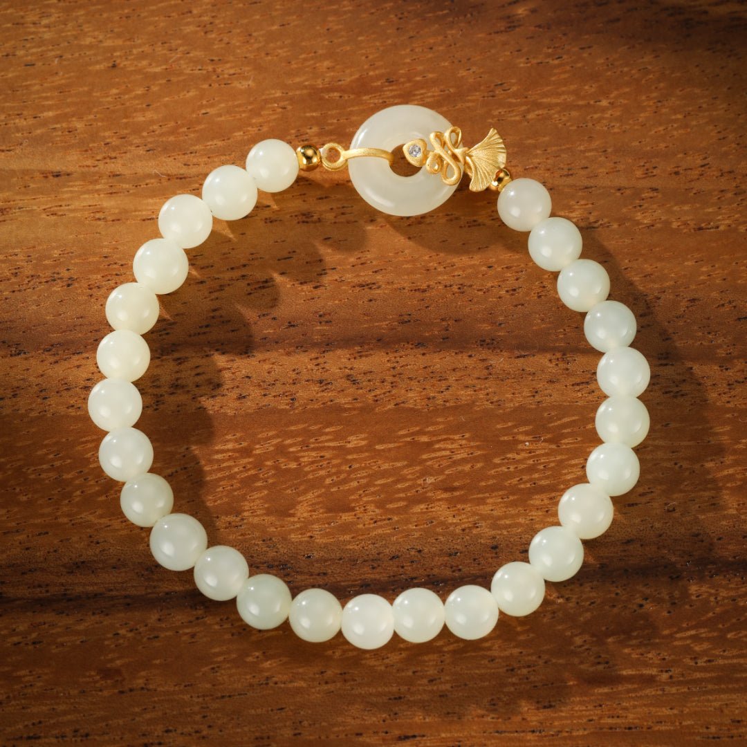 Bracelet Jade Blanc Argent Plaqué Or Œillet - Biloria