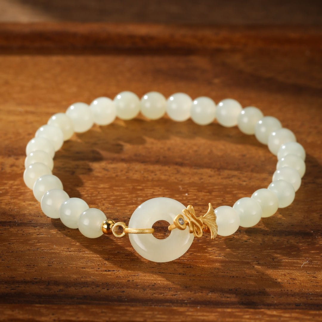 Bracelet Jade Blanc Argent Plaqué Or Œillet - Biloria