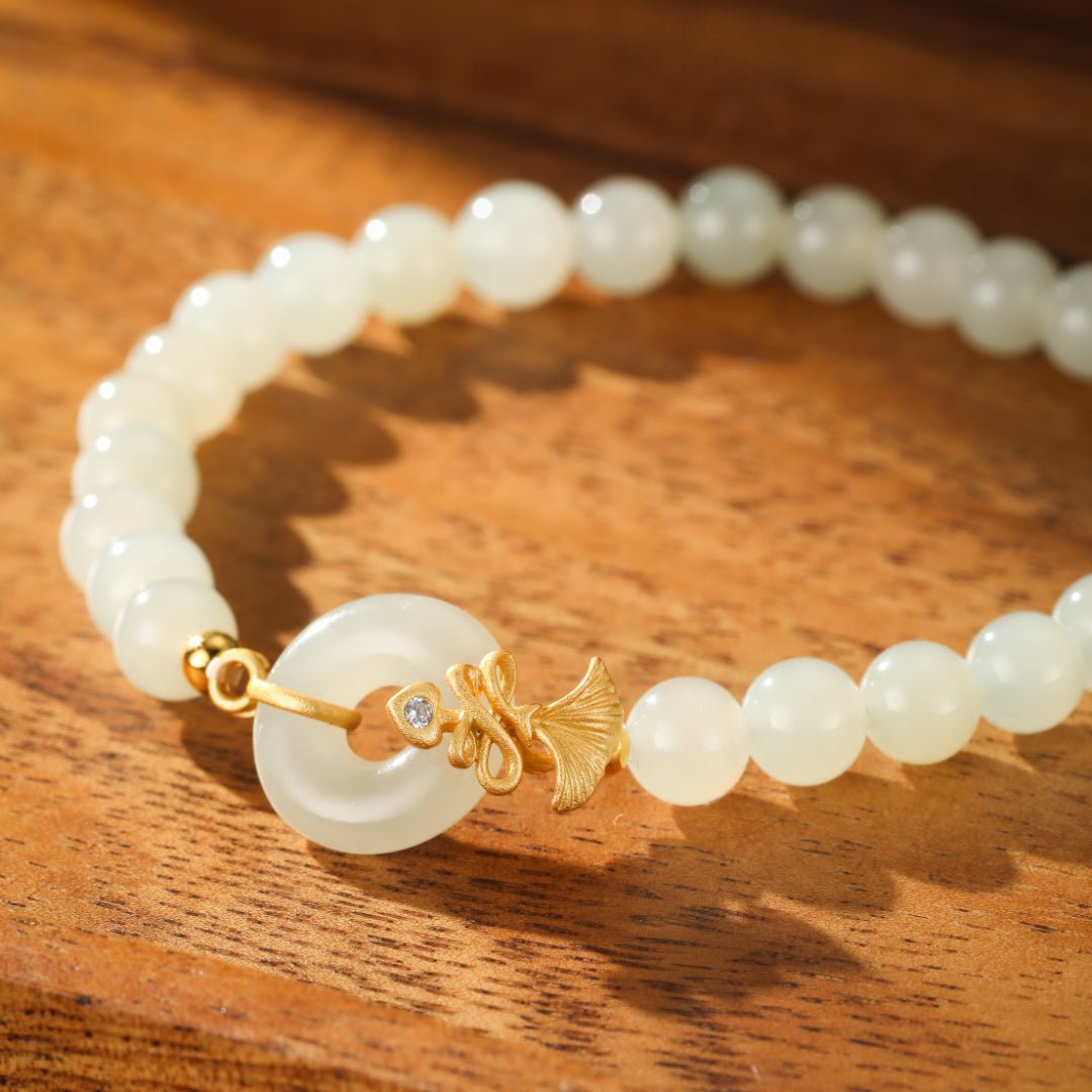 Bracelet Jade Blanc Argent Plaqué Or Œillet - Biloria