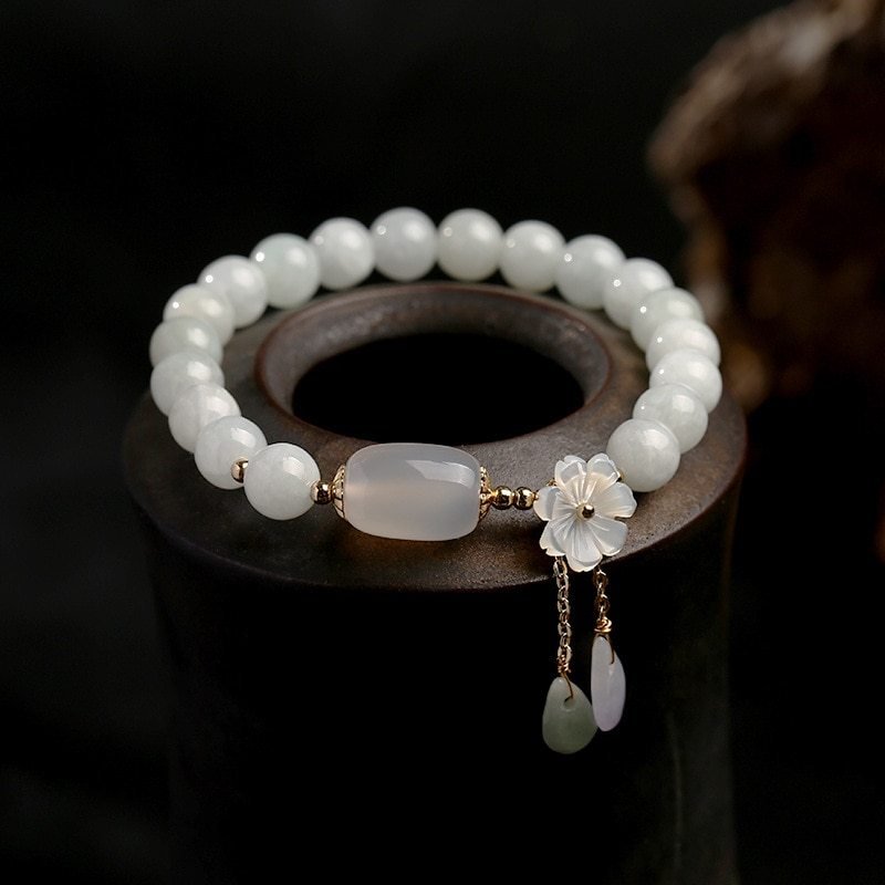 Bracelet Jade Blanc et Agate Porte-Bonheur - Biloria
