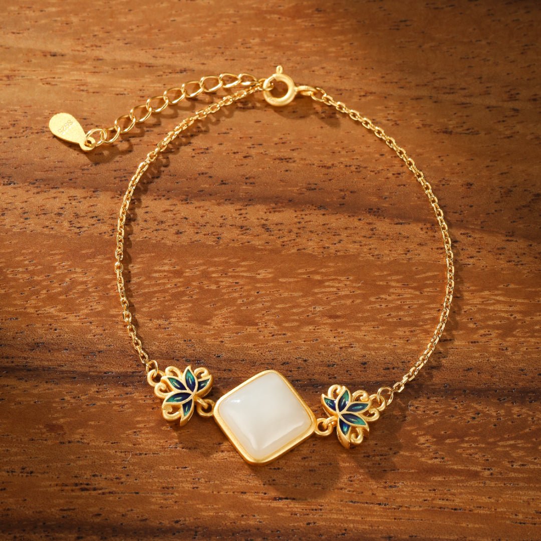 Bracelet Jade Blanc Lotus Bleu Argent Plaqué Or - Biloria
