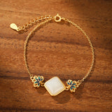 Bracelet Jade Blanc Lotus Bleu Argent Plaqué Or - Biloria