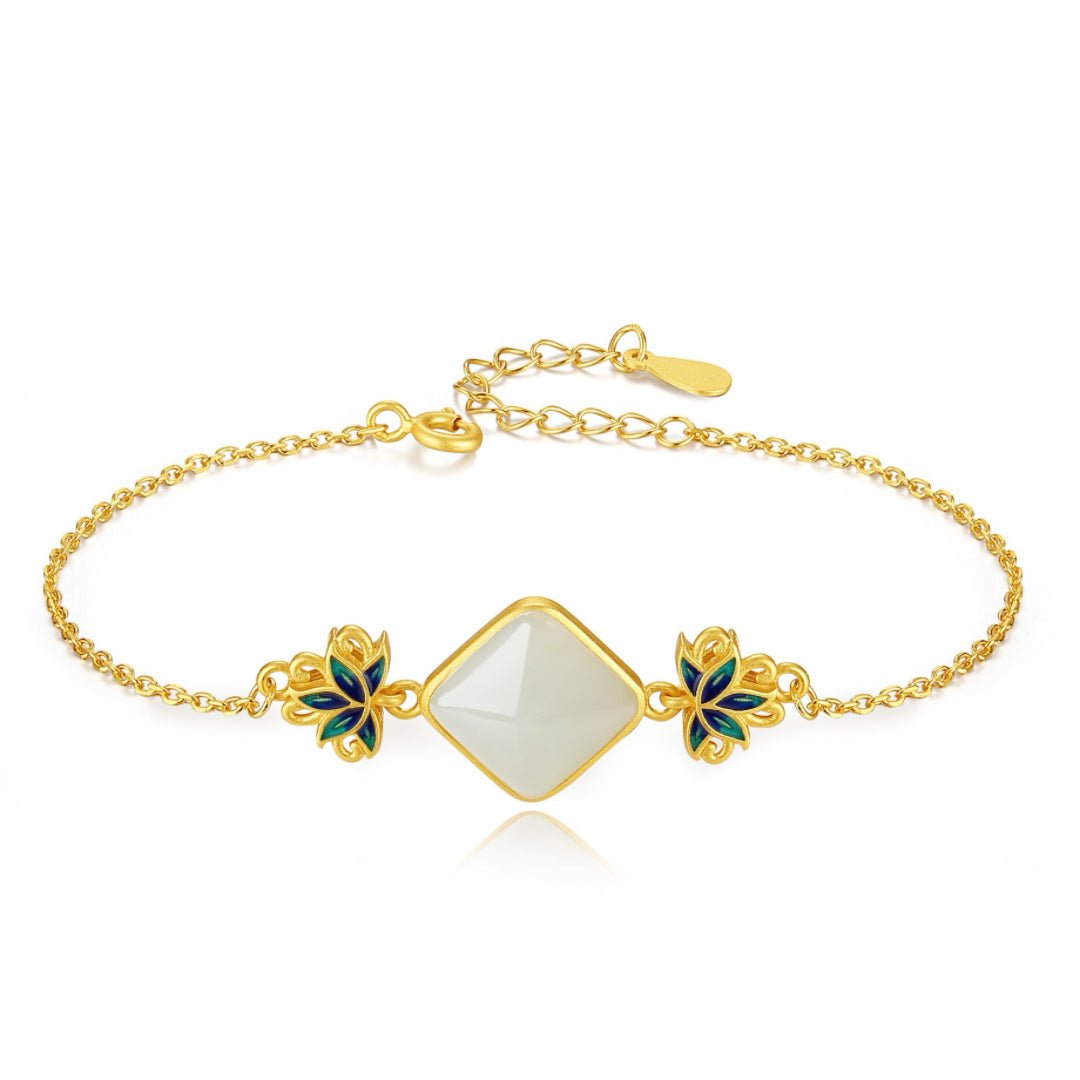 Bracelet Jade Blanc Lotus Bleu Argent Plaqué Or - Biloria