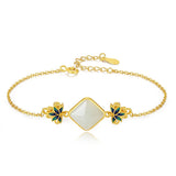 Bracelet Jade Blanc Lotus Bleu Argent Plaqué Or - Biloria