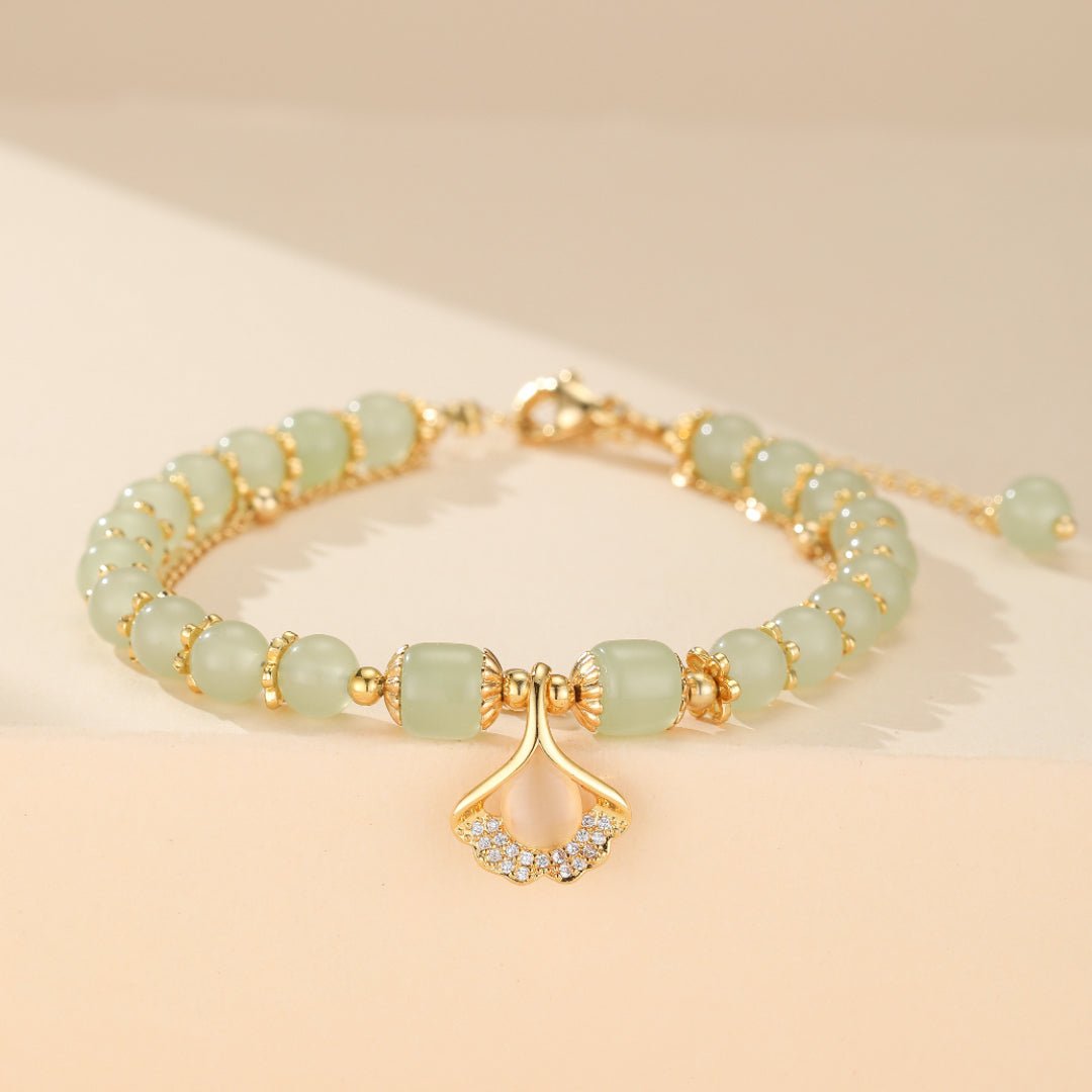 Bracelet Jade Feuille Ginkgo Argent Plaqué Or - Biloria