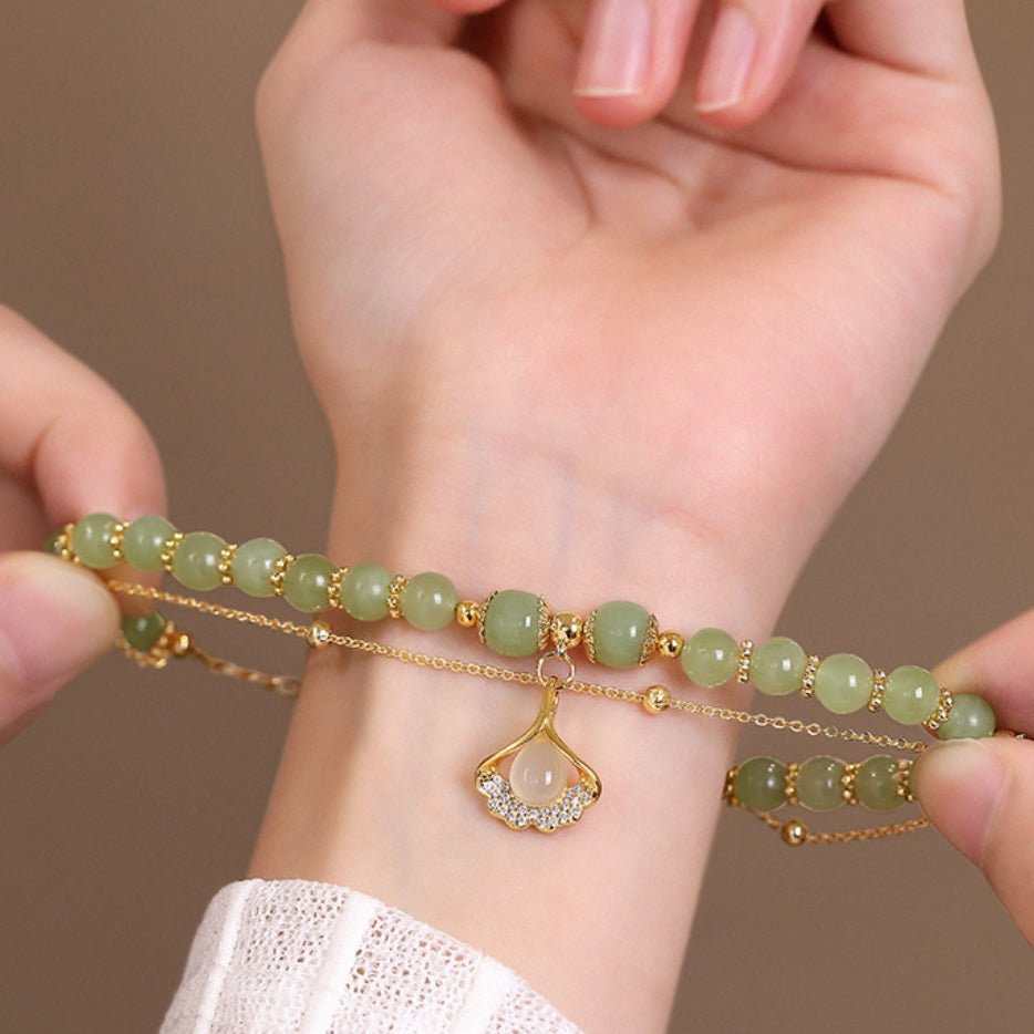 Bracelet Jade Feuille Ginkgo Argent Plaqué Or - Biloria