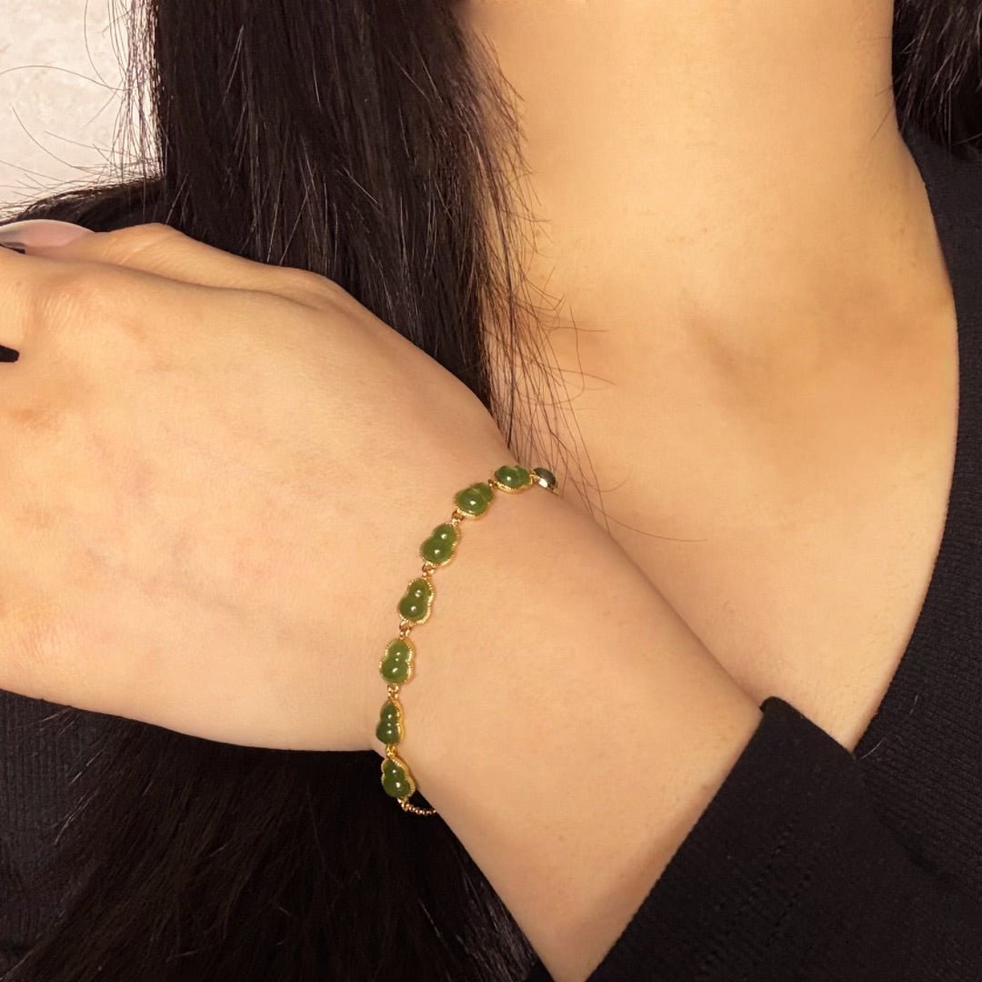 Bracelet Jade Gourde Porte-Bonheur Argent Plaqué Or - Biloria