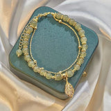 Bracelet Jade Naturel et Feuille Dorée – Bijou Ajustable - Biloria