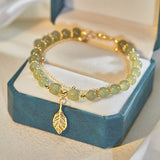 Bracelet Jade Naturel et Feuille Dorée – Bijou Ajustable - Biloria
