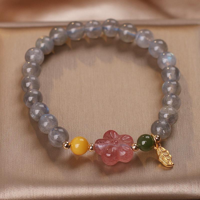 Bracelet Labradorite Quartz Fraise Feuille Dorée - Énergie Céleste - Biloria