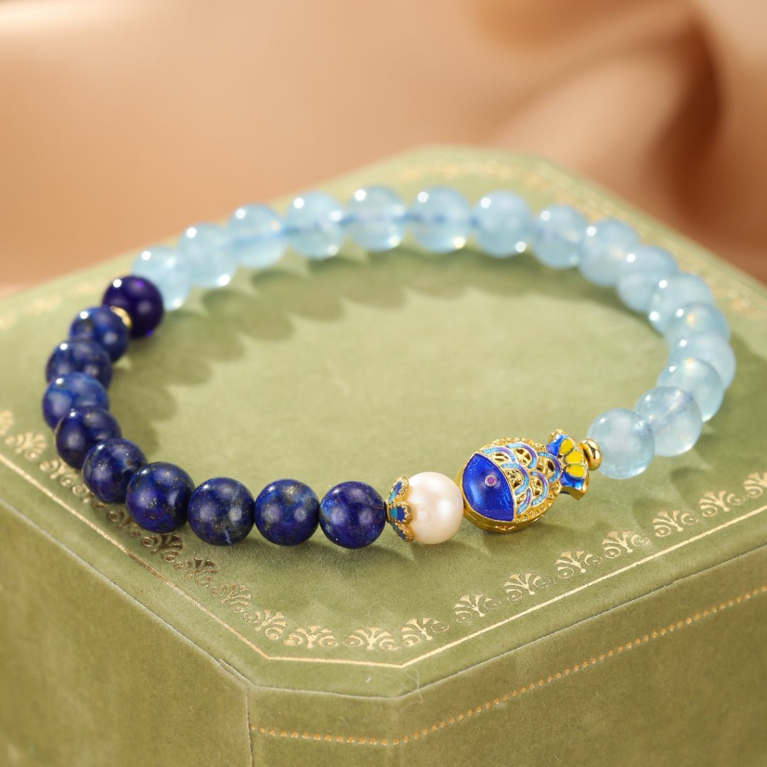 Bracelet Lapis Lazuli Aigue Marine Poisson de Bonheur 6mm - Biloria