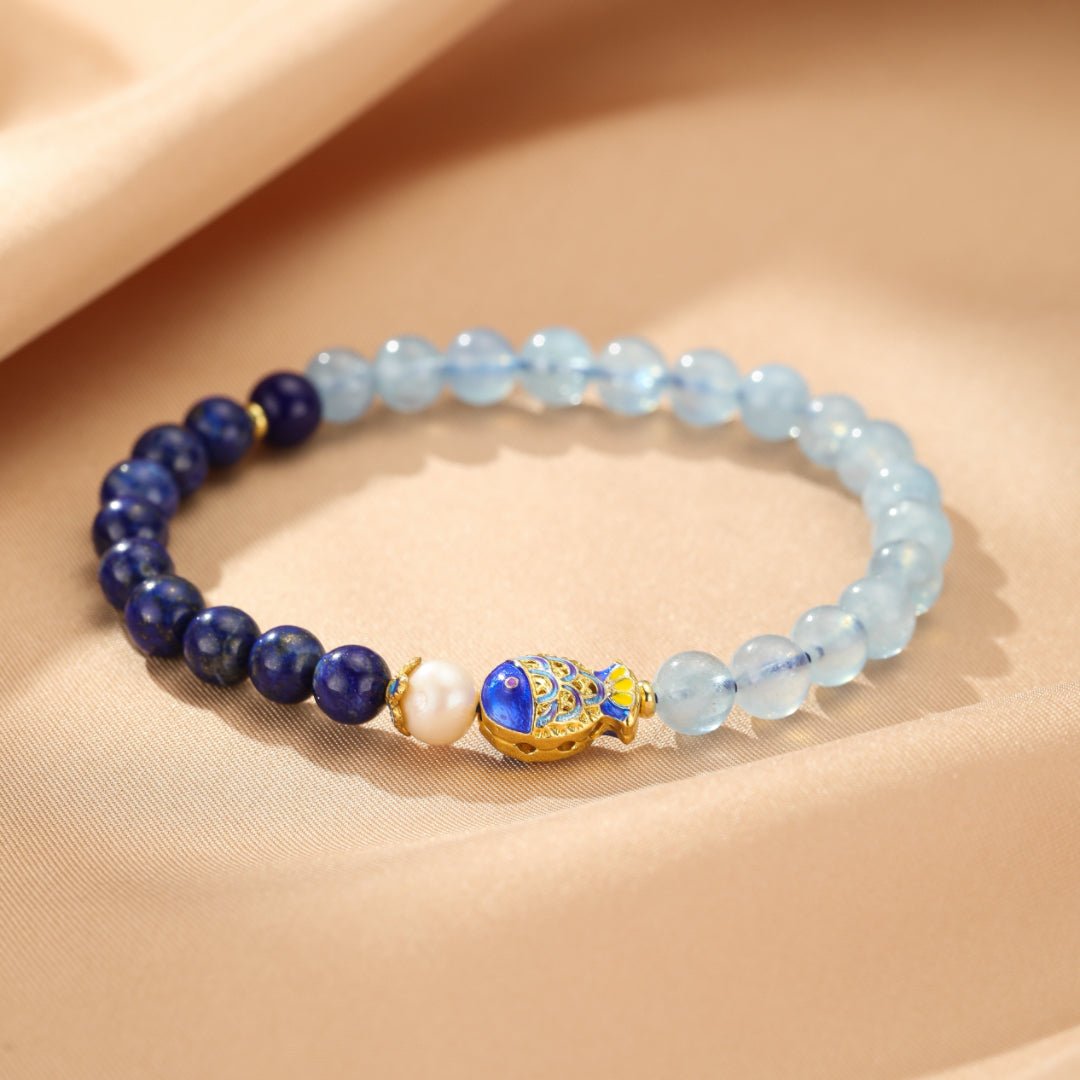 Bracelet Lapis Lazuli Aigue Marine Poisson de Bonheur 6mm - Biloria