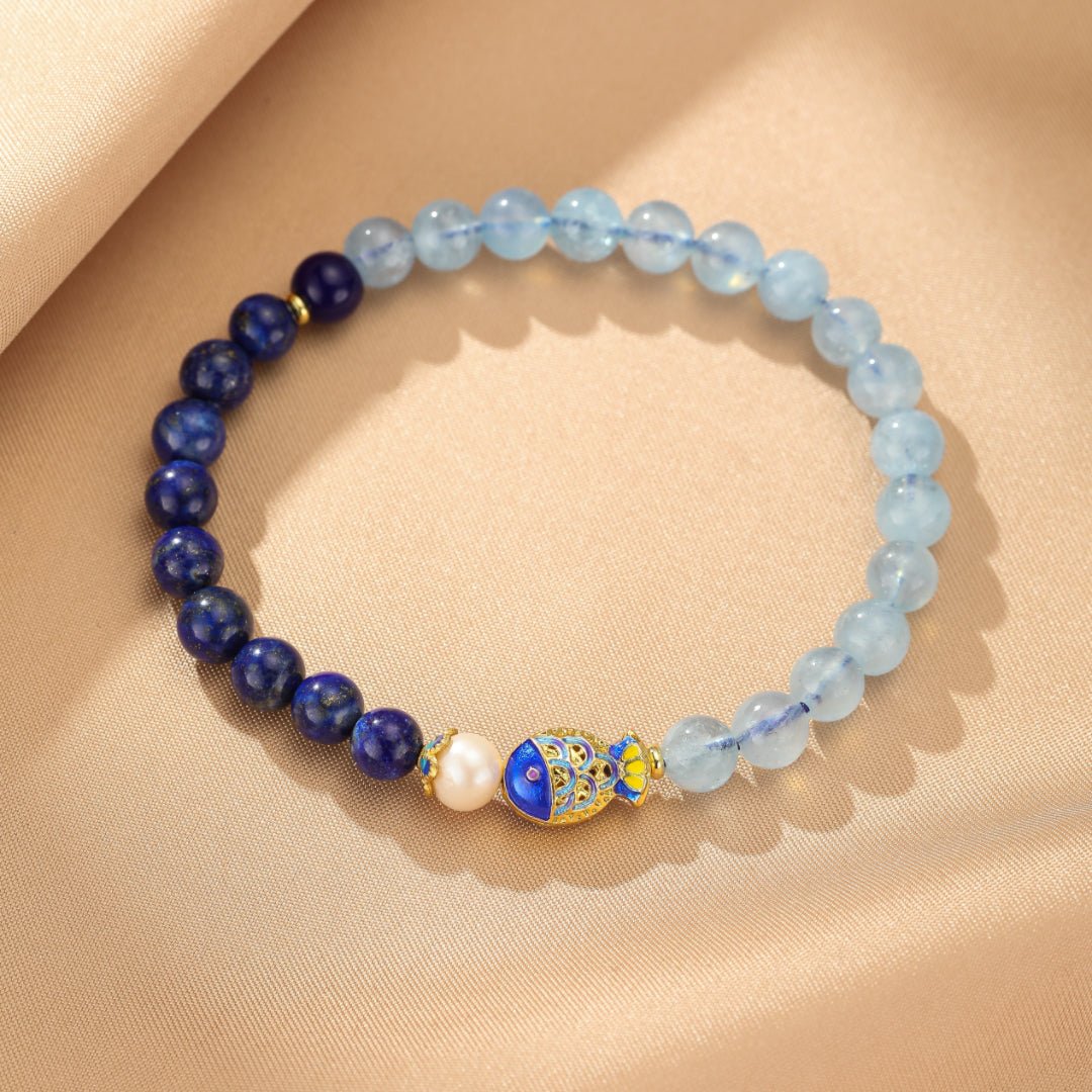 Bracelet Lapis Lazuli Aigue Marine Poisson de Bonheur 6mm - Biloria