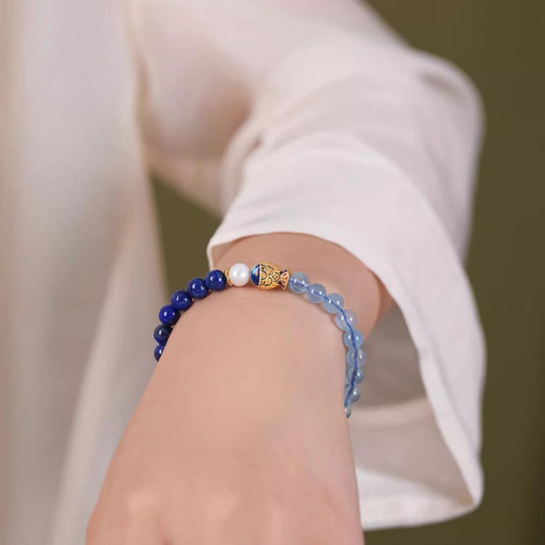Bracelet Lapis Lazuli Aigue Marine Poisson de Bonheur 6mm - Biloria