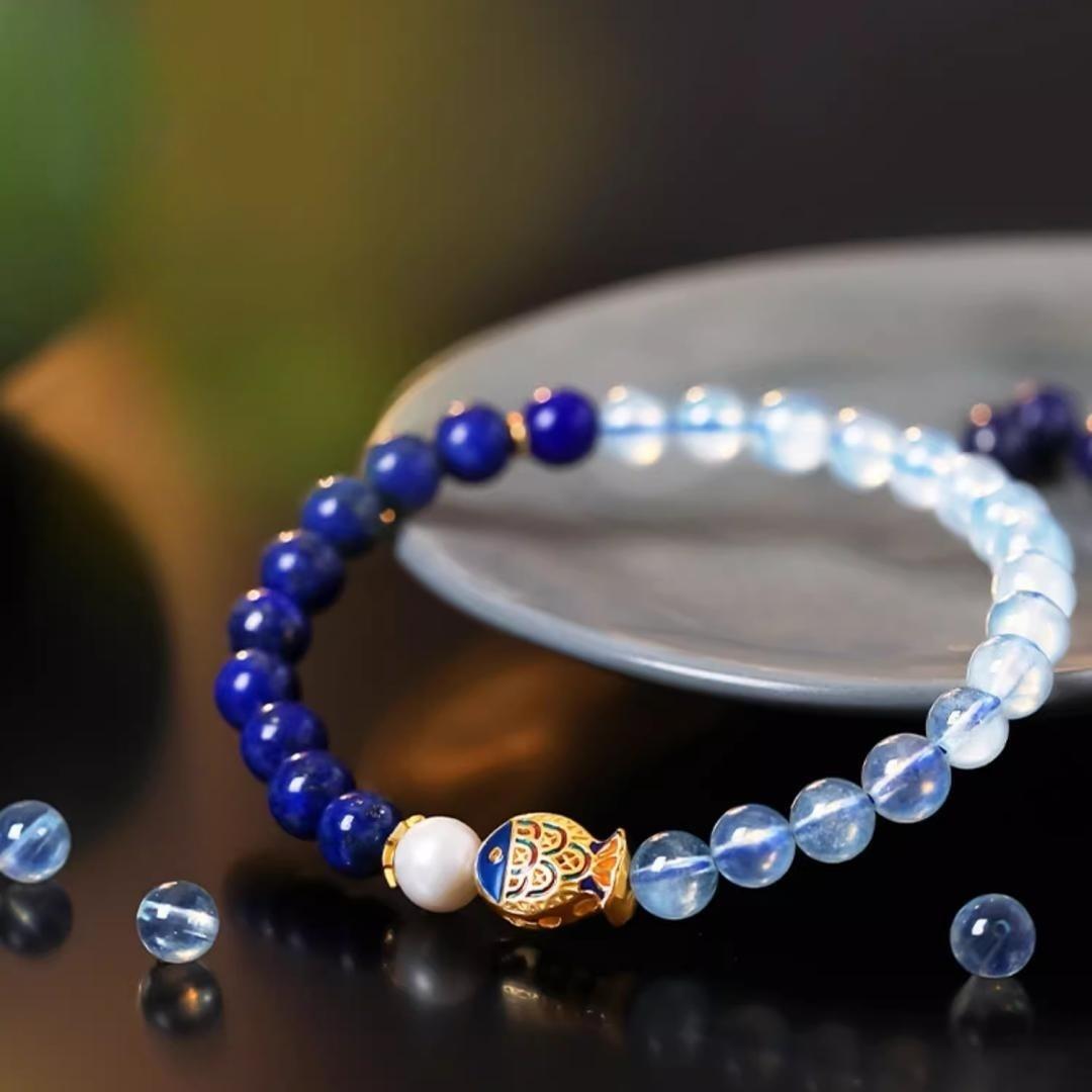 Bracelet Lapis Lazuli Aigue Marine Poisson de Bonheur 6mm - Biloria