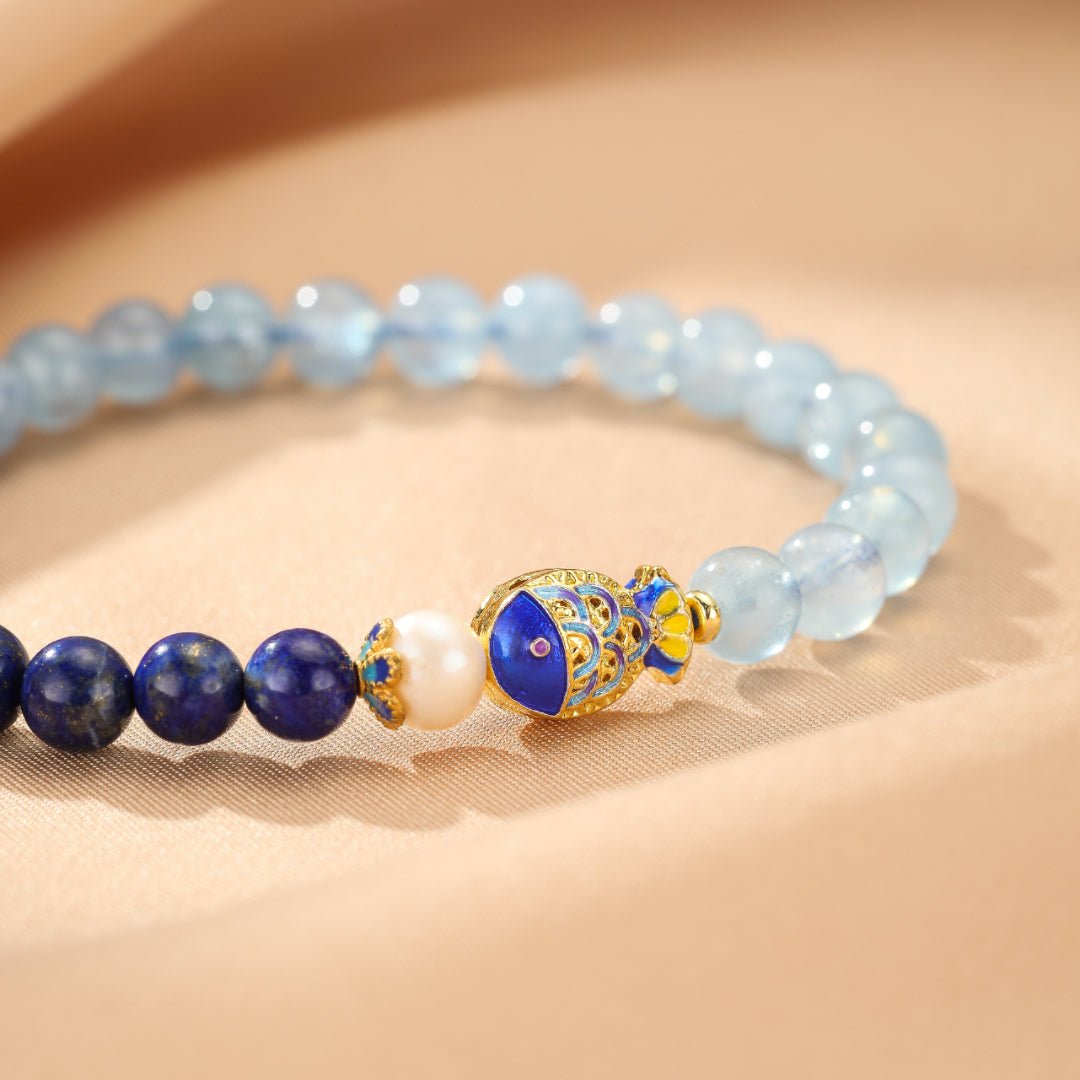 Bracelet Lapis Lazuli Aigue Marine Poisson de Bonheur 6mm - Biloria