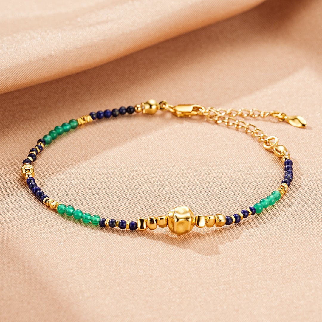 Bracelet Lapis-Lazuli et Jade Vert Main Protectrice Argent Plaqué Or - Biloria