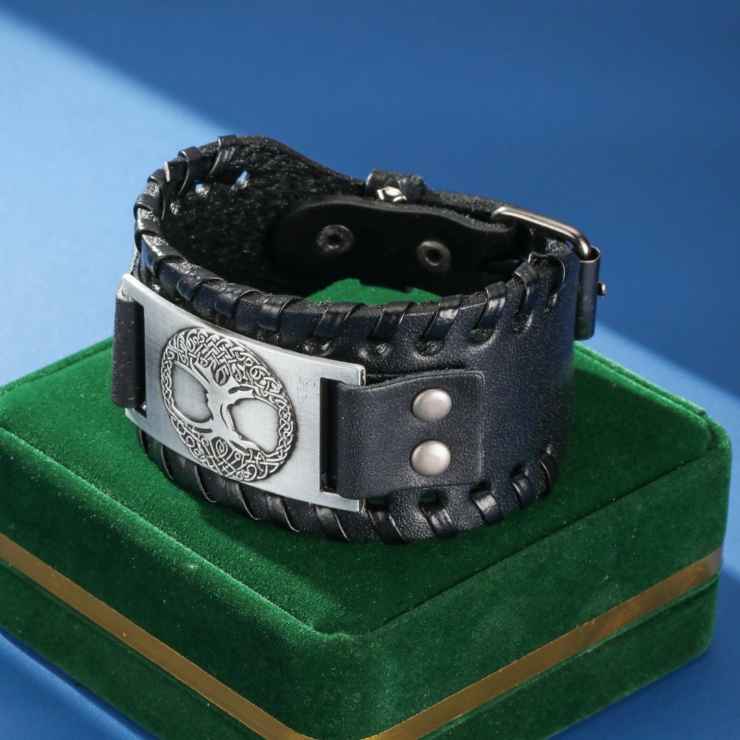 Bracelet Large Arbre de Vie Celtique en Cuir Tressé - Biloria