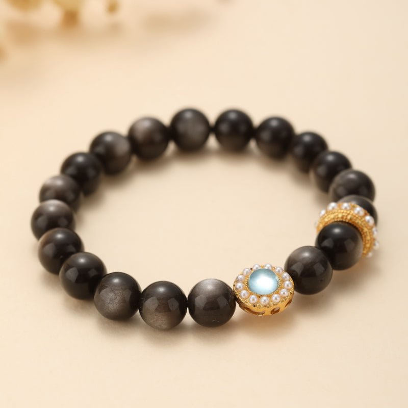 Bracelet lithothérapie Obsidienne et Aigue Marine - Biloria