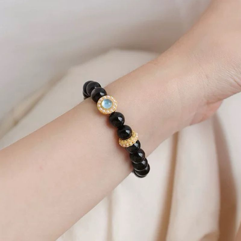 Bracelet lithothérapie Obsidienne et Aigue Marine - Biloria