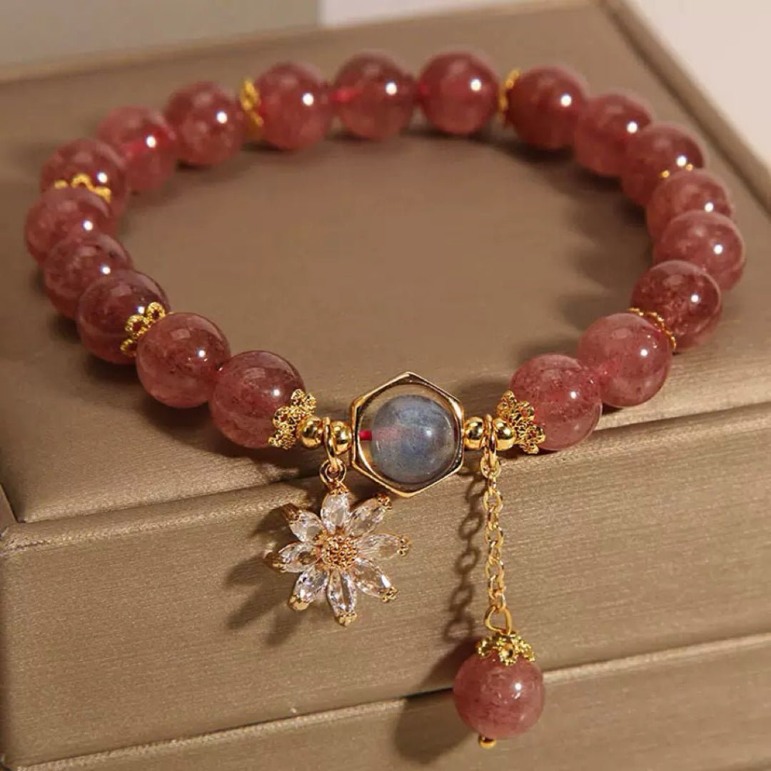 Bracelet lithothérapie Quartz Fraise Cristal de Roche Fleur Cosmique - Biloria