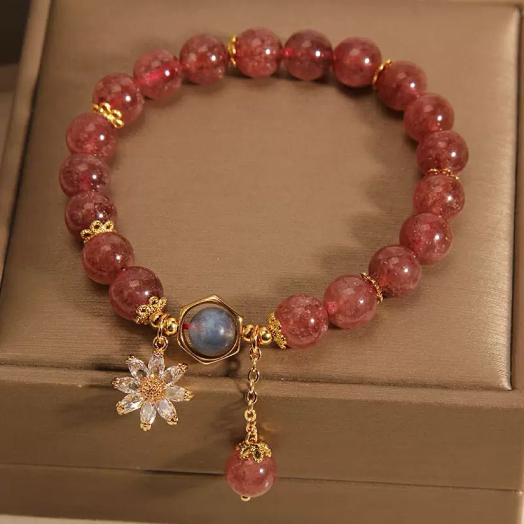 Bracelet lithothérapie Quartz Fraise Cristal de Roche Fleur Cosmique - Biloria