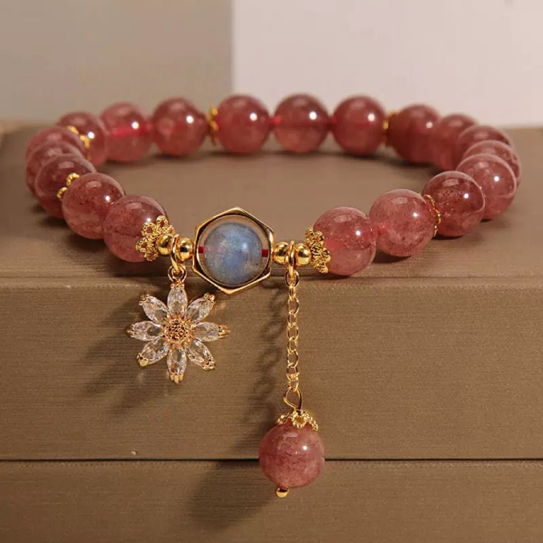Bracelet lithothérapie Quartz Fraise Cristal de Roche Fleur Cosmique - Biloria