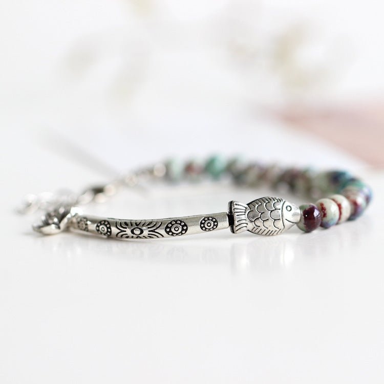 Bracelet Lotus Jaspe Poisson Argenté Protection Sagesse - Biloria