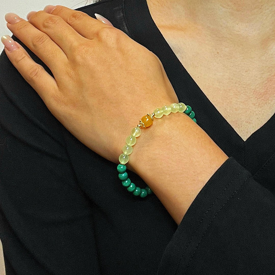 Bracelet Malachite Préhnite Ambre pour Harmonie et Sérénité - Biloria
