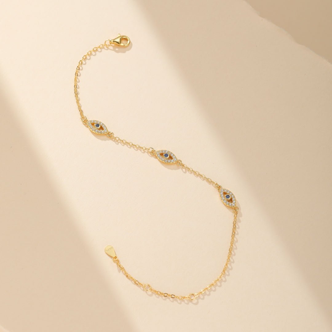 Bracelet Mauvais Œil Protecteur – Argent Plaqué Or, Zircons - Biloria