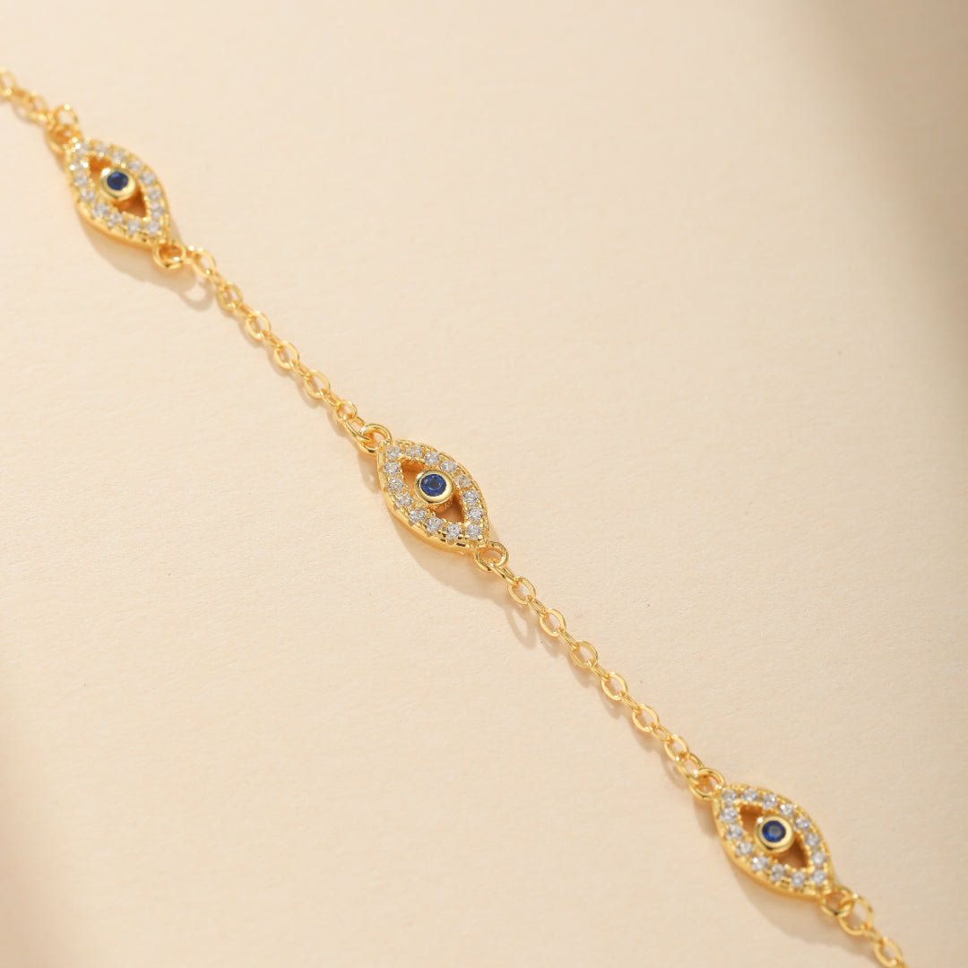 Bracelet Mauvais Œil Protecteur – Argent Plaqué Or, Zircons - Biloria